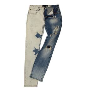 Jean délavé bicolore pour homme, pantalon en denim contrastant clair et foncé, avec empiècements en maille respirante, effet usé et déchiré, style décontracté - Product Image 3