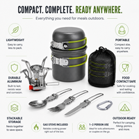 Ensemble de cuisine de camping en aluminium anodisé rigide OEM personnalisé pour 1-2 personnes avec réchaud à gaz, couverts pliables, pot et bol pour la randonnée et les pique-niques