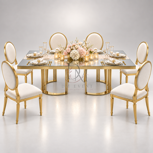 Table à manger élégante en acier inoxydable doré avec plateau en verre miroir et base en U ouverte, fournisseur en gros pour mariages et hôtels - Product Image 2