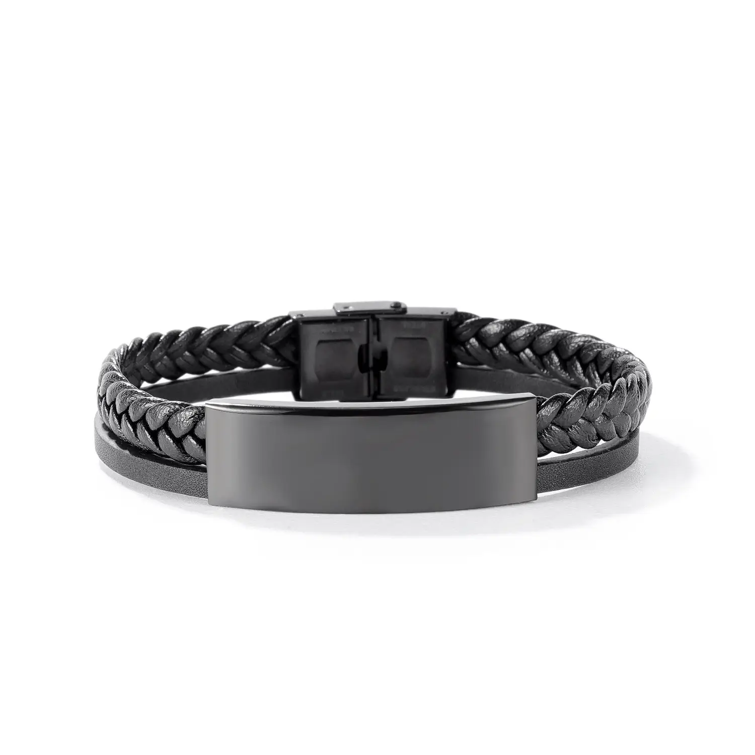 Men's stainless steel leather bracelet men braided woven smooth face black custom name men bracelet leather