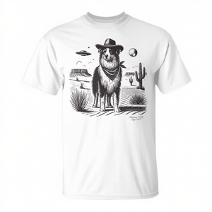 T-shirt unisexe pour adulte Australian Shepherd Cowboy avec motif sérigraphié OVNI et scène désertique, fabriqué en Chine - Product Image 2