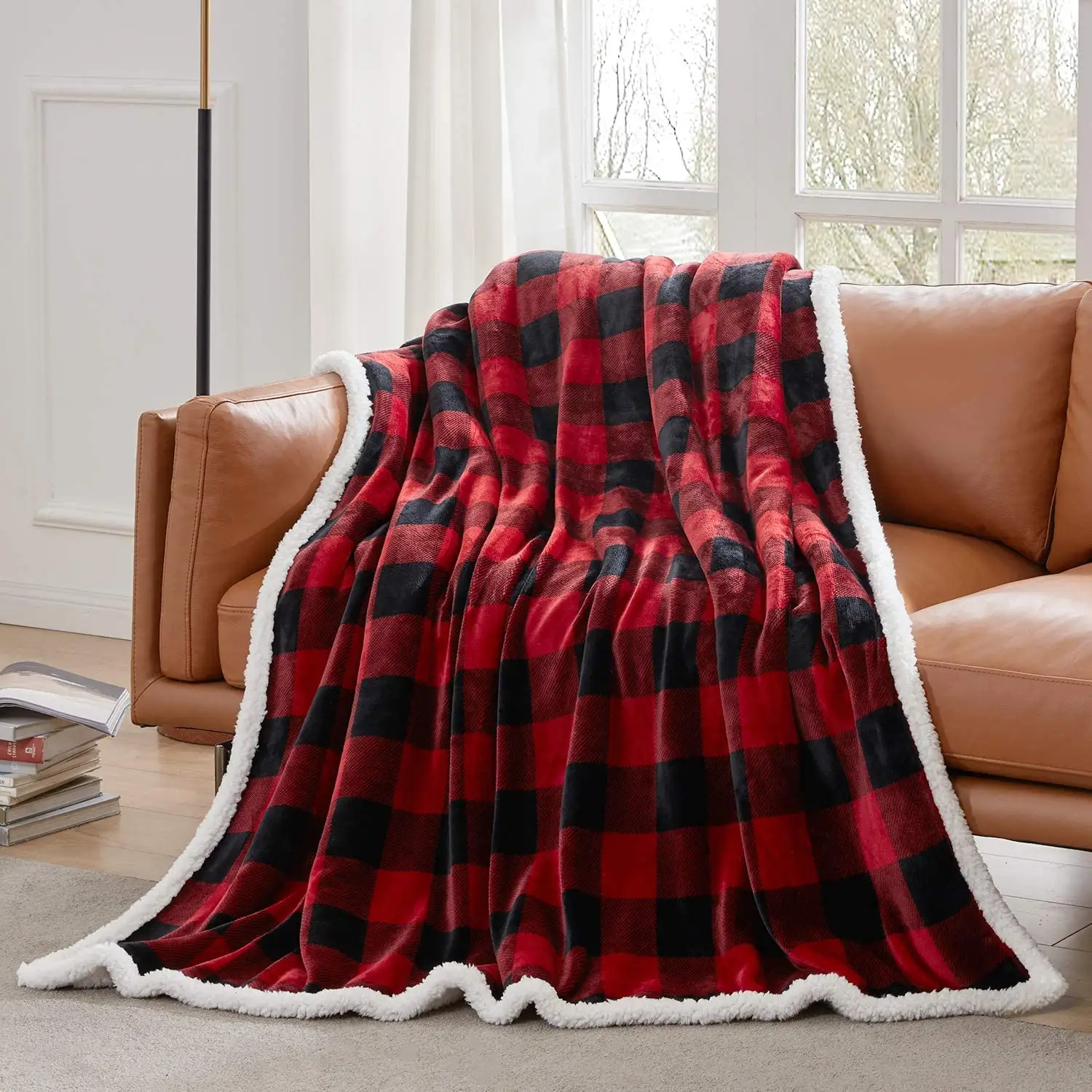 China blanket manufacturer Soft Fuzzy Plush Sherpa Fleece Throw Blanket Black White Plaid Twin full queen king size