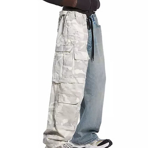 Jeans personnalisés à moitié camouflage à moitié denim, patchwork, jeans baggy, pantalon à taille élastique avec cordon de serrage, jeans baggy - Product Image 1