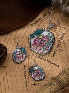 Ensemble de bijoux Bohème Vintage Cactus Turquoise Western Cowboy Cowgirl Rodeo Collier Boucles d'oreilles Cadeaux pour femmes - Product Image 5