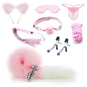 8 Pcs Set Metal Tail Butt Plug Stimulator Crotchless Lace G-String Mouth Gag Bondage Anime Cosplay Lingerie Kits