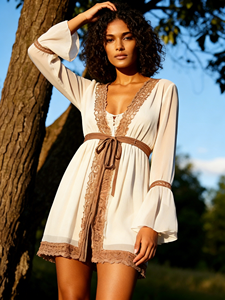 Bohemian Lace <b>Patchwork</b> Chiffon Tunic <b>Shirt</b> for Women - Flare Sleeve Deep V Neck Blouse, Lightweight Vacation Dress - Product Image 6