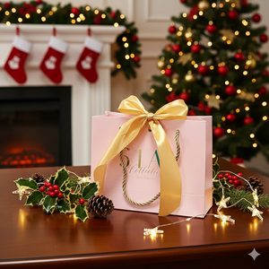 أكياس ورقية كرافت وردية صغيرة فاخرة بتصميم بوتيك لحفلات الزفاف مع مقابض بطول اليد، مع خدمة الختم الحراري وشعار مخصص - Product Image 3