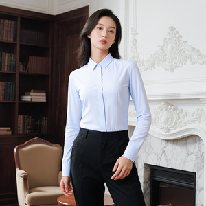Women's Long Sleeve Blue Shirt Pure Cotton Solid Color Work Blouse Autumn Commute Interview Uniform - Product Image 5