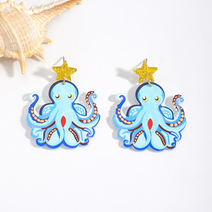 Pendientes Colgantes de Acrílico con Forma de <span class=keywords><strong>Pulpo</strong></span> Azul de Dibujos Animados y Estrella Dorada - Divertidos Pendientes de Animales Marinos para Mujer, Joyería de Playa - Product Image 4