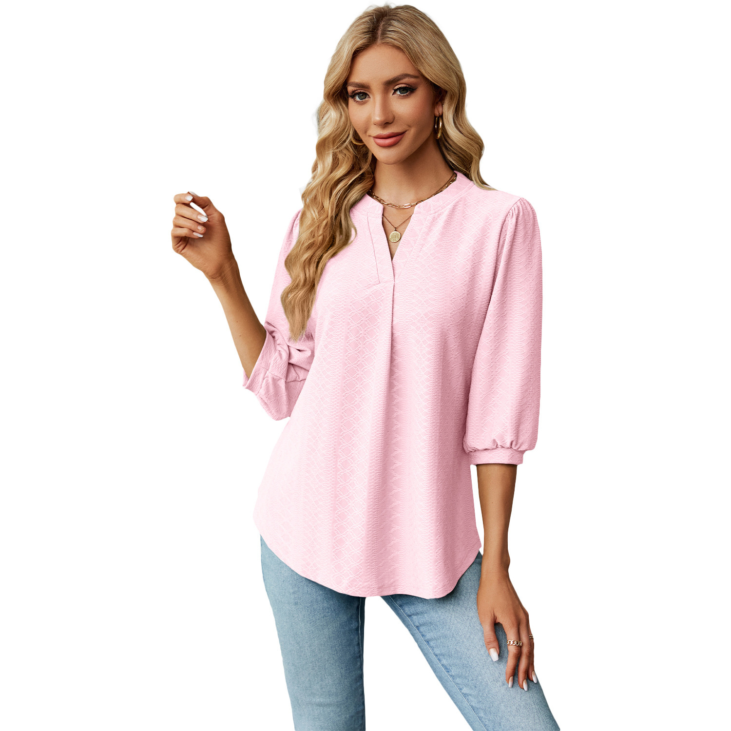 EVELYN Women's Casual Elegant Jacquard Blouses European American V-Neck Three-Quarter Sleeves with Front Logo Skinny Fit