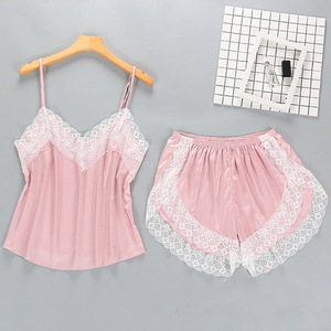 Women's Sleepwear Sexy Satin Pajama Set White Sleeveless <strong>Lace</strong> V-Neck Pyjamas Cute <strong>Cami</strong> <strong>Top</strong> and Shorts - Product Image 3
