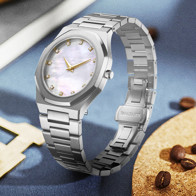 White Shell Dial 5atm Waterproof Stainless Steel Bezel Japan Movt Rhinestone Quartz Watch