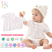 Combinaison pour bébé fille avec col Peter Pan, manches courtes bouffantes, bordure en dentelle, douce et respirante, combinaison quotidienne pour bébé, robe blanche d'été pour filles