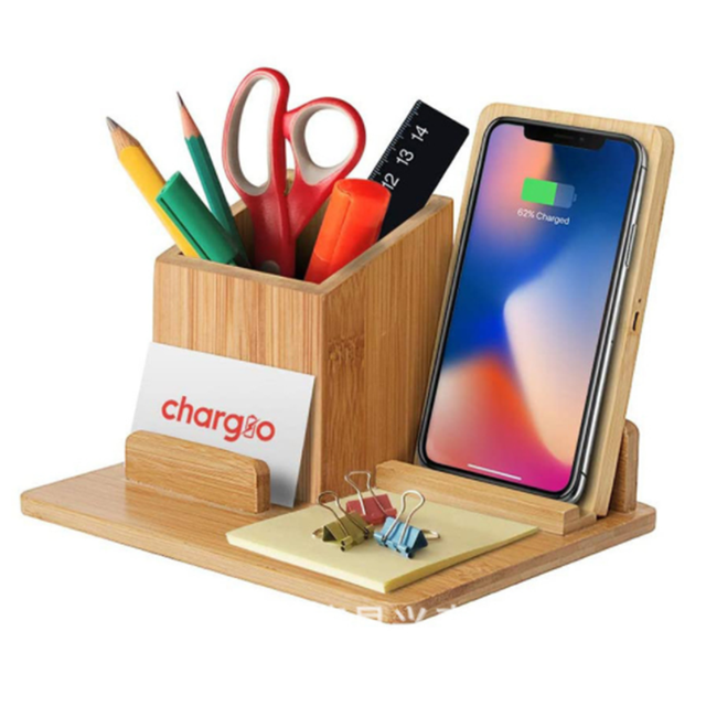 3 in 1 Bamboo Wood Wireless Charger 15W Fast Charging Desktop Pen Holder Organizer Wireless Phone Charging Stand