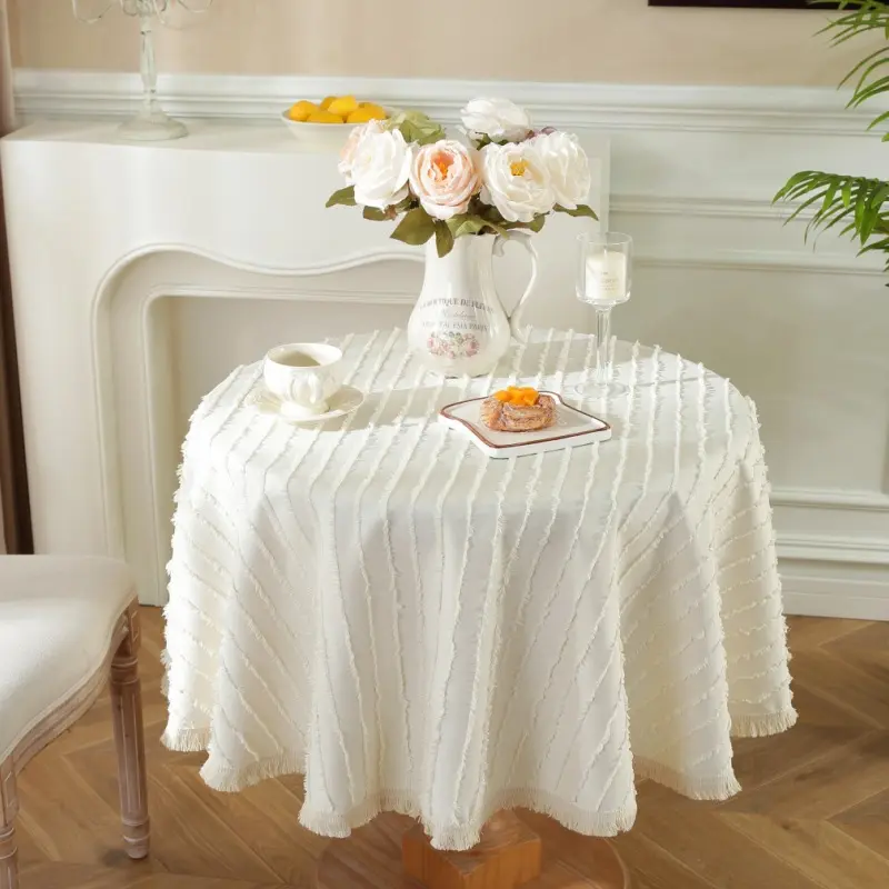 Simple white baby green cream table cloth heavy weight INS stripes texture tassel table cloth cover