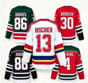 Maillot de hockey des Devils du New Jersey # 13 Hischier # 86 Hughes # 30 Brodeur # Collection de 4 uniformes cousus pour hommes Stevens - Product Image 1