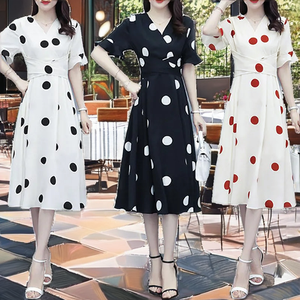 Abito da donna a linea a vita alta a maniche corte retrò nuovo stile Casual a pois a contrasto-dolce romantico <span class=keywords><strong>Midi</strong></span> per l'estate inverno autunno - Product Image 3