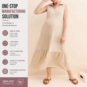 Vestido Camisero de Maternidad <span class=keywords><strong>Tracy</strong></span> con Volantes, Cuello en V, Sin Mangas, Abotonado al Frente, Ideal para Lactancia, Mezcla de Lino, Liso, Largo hasta la Rodilla, Corte en A, Verano - Product Image 1