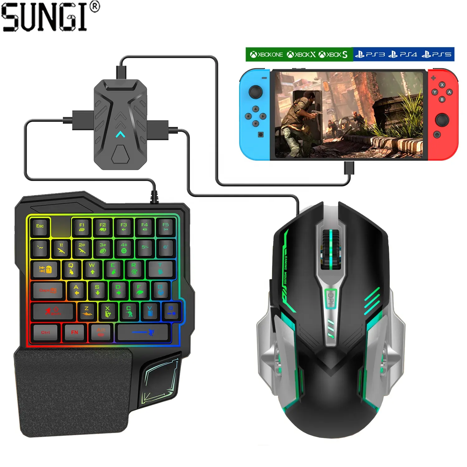 7-in-1 One Hand Gaming Keyboard Mouse and Converter Pack Backlight for PS3/PS4/PS5/Xbox360/XboxONE/Xbox Series X/Switch Consoles