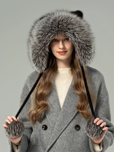 Của phụ nữ dễ thương màu be len Beanie Mũ mùa đông với gấu tai in gấu trúc & Fox lông kỹ thuật số du lịch ấm cap - Product Image 6