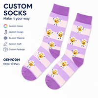 Chaussettes courtes personnalisées pour femme, douces, rayées, avec motif floral de dessin animé, printemps, violet rose, respirantes, en coton, logo personnalisé