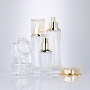 Luxury Skincare Packaging Vertical Striped Glass Bottle Customized Lotion Bottle Cosmetics Container Empty With Pump Cap Dropper - Product Image 1