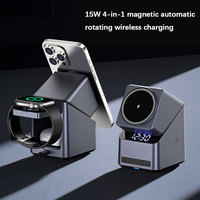 15W 4-in-1 draaibare magnetische draadloze oplaadstation met digitale wekker voor telefoon, smartwatch, oordopjes en meerdere apparaten
