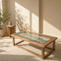 Ensemble de table à manger en résine époxy transparente moderne personnalisable avec plateau en bois massif et pieds en métal - 6 places pour hôtels