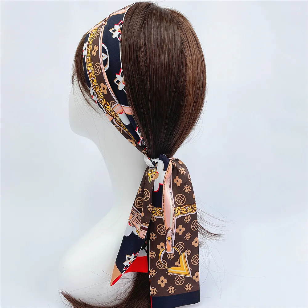 Haar Seide schmales Band Satin Schal braune Farbe vier blättriges Kleeblatt Design berühmte Marke Mode Twillies Slik Schal für Frauen
