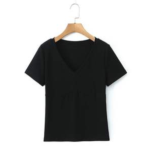 Camiseta de Manga Corta con Cuello en V para Mujer Talla Grande, Tejida, Color Sólido Negro Rojo N9168, Camiseta Interior - Product Image 1