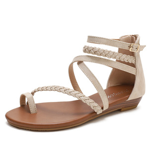 Elegant Black Ankle Strap <b>Flat</b> <b>Sandals</b> Open Toe Summer Women Shoes Breathable Textile Upper Rubber Outsole Buckle Closure - Product Image 2