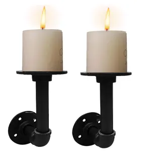 黑色金属壁式烛台2件套，用于客厅烛台壁挂式浮动搁板支架