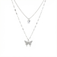 Collier en acier inoxydable plaqué argent 925, style français, pendentif papillon double couche, zircone étincelante, chaîne fine