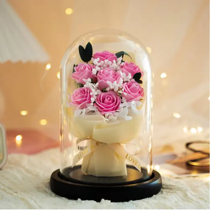 Factory Supply Valentine's Day Gift Artificial Rose Bouquet Socialite- Chic Rose Bouquet in Glass Dome