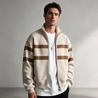 Cardigan en maille texturée ondulée pour homme, col montant, rayures jacquard, fermeture éclair, veste pull, vente en gros, fournisseur d'usine