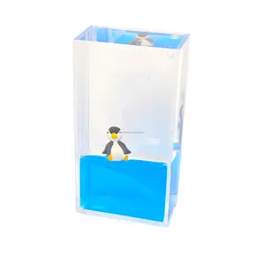Décoration de bureau petit bleu liquide pingouin flottant acrylique papeterie cadeau ensemble presse-papier