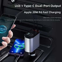 Chargeur de voiture 3-en-1 avec écran numérique, charge ultra-rapide, câble rétractable en métal, allume-cigare 12V/24V