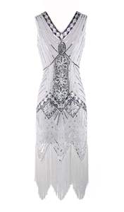 Robe <span class=keywords><strong>Charleston</strong></span> Années 20 Vintage Grande Gatsby pour <span class=keywords><strong>Femme</strong></span>, Col en V Double, Perles, Paillettes et Franges, Style Art Déco, Idéale Soirée et Été - Product Image 2