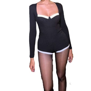 Combinaison décontractée pour femme, sexy, à décolleté plongeant, avec bas en tricot aux couleurs contrastées, tendance - Product Image 1