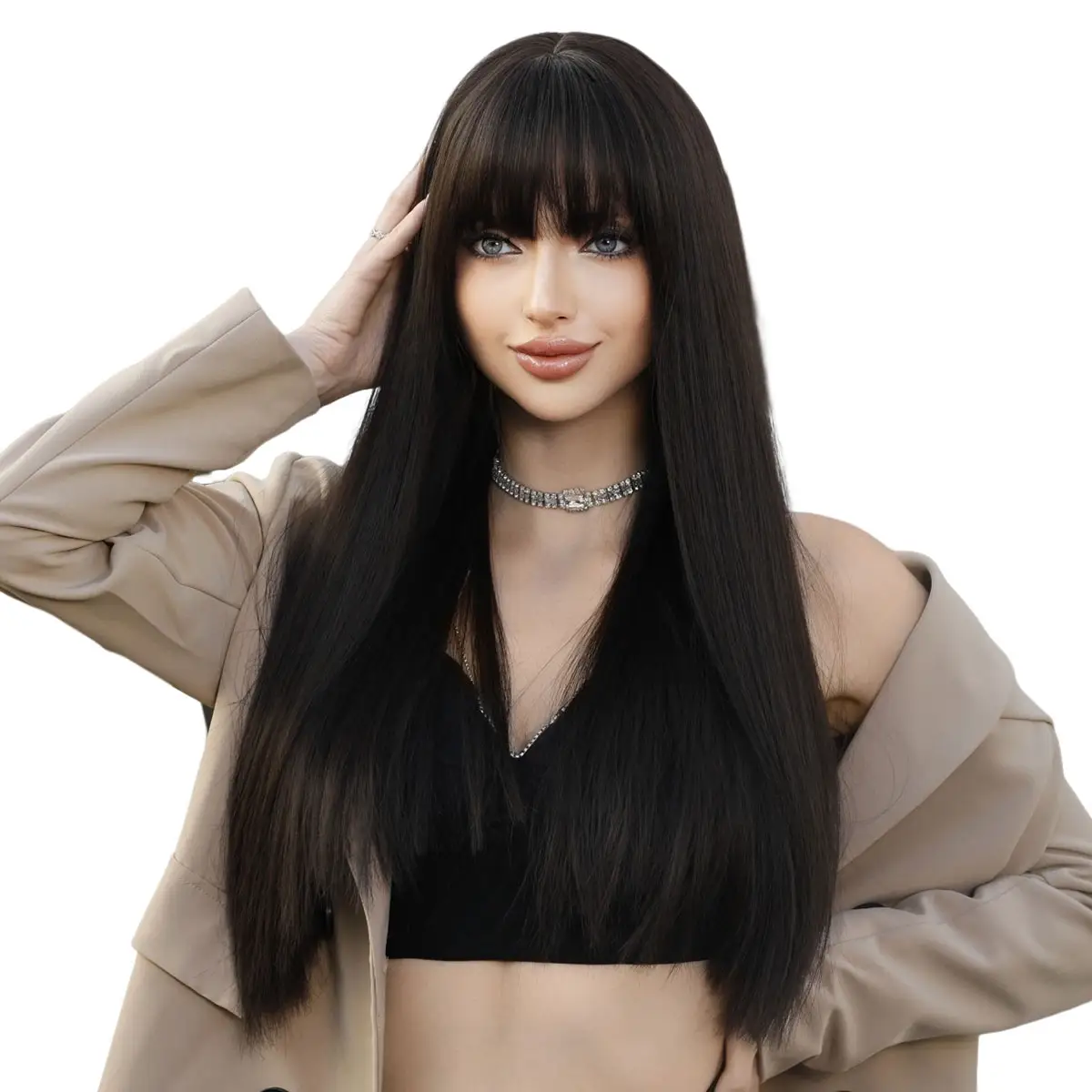 Natural Black Wig with Bangs Long Straight Wigs for Women,Heat Resistant Dark Brown Synthetic Wigs for Daily Use Black Hair