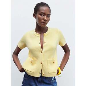 <b>Women's</b> Navy Blue <b>Short</b> Sleeve Button Front Knit <b>Cardigan</b> with Pockets - Product Image 2