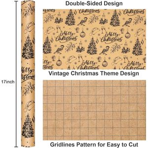 MAYPLUSS Kraft Christmas Wrapping Paper Roll 17 Inch x 33 Feet Vintage Bird Tree Ornament Pattern Brown - Product Image 3