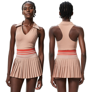 Conjunto para <span class=keywords><strong>Mujer</strong></span> de Camiseta sin Mangas con Cuello Polo y Falda de Tenis de Compresión Suave, Ligero y de Secado Rápido para Fitness y Yoga, sin Costuras y con Estampado - Product Image 3