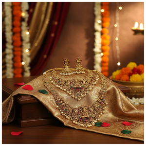Conjunto nupcial Laxmi de la India del Sur, de calidad superior, estilo étnico tradicional, chapado en oro, con circonitas, para compromiso, boda o fiesta. - Product Image 3