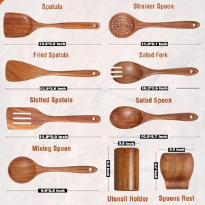 Ensemble de spatules en bois d'acacia, 7 pièces, ustensiles de cuisine résistants à la chaleur avec support pour cuisiner, remuer, servir - Product Image 2