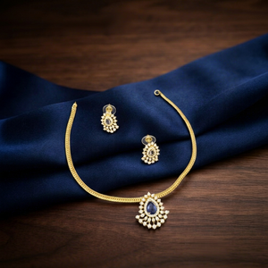 Premium Matt Finish CZ Floral Necklace <b>Set</b> with Earrings, Gold Plated Bridal Wedding Party Wear Artificial Jewellery - Product Image 1