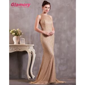 Emas Halterneck Mermaid <span class=keywords><strong>Prom</strong></span> Grosir Gaun Malam Payet Tulle Gaun Malam - Product Image 1