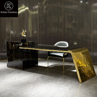Bureau de direction en laiton doré de luxe, bureau de PDG en placage noir brillant avec armoire latérale pour bureau de villa