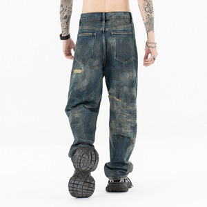 Jeans droits décontractés pour hommes <span class=keywords><strong>24AW</strong></span> Denim lavé Advanced Sense Erosion Cut Old Loose Mid Waist Solid pour l'automne - Product Image 4