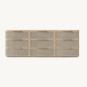 Cómoda Triple Premium Japandi de Roble Blanco Macizo con 9 Cajones y Ratán, Diseño Simétrico 3x3 para Dormitorio Principal, Perfil Curvo Arquitectónico Artesanal - Product Image 1